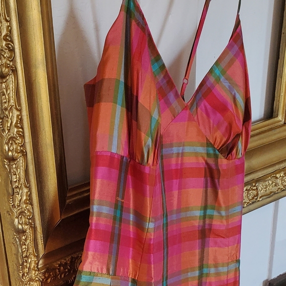 ❤HP❤ Isaac Mizrahi Fuchsia Orange Plaid Midi Silk Dress !🏵HP🏵! - Picture 7 of 11
